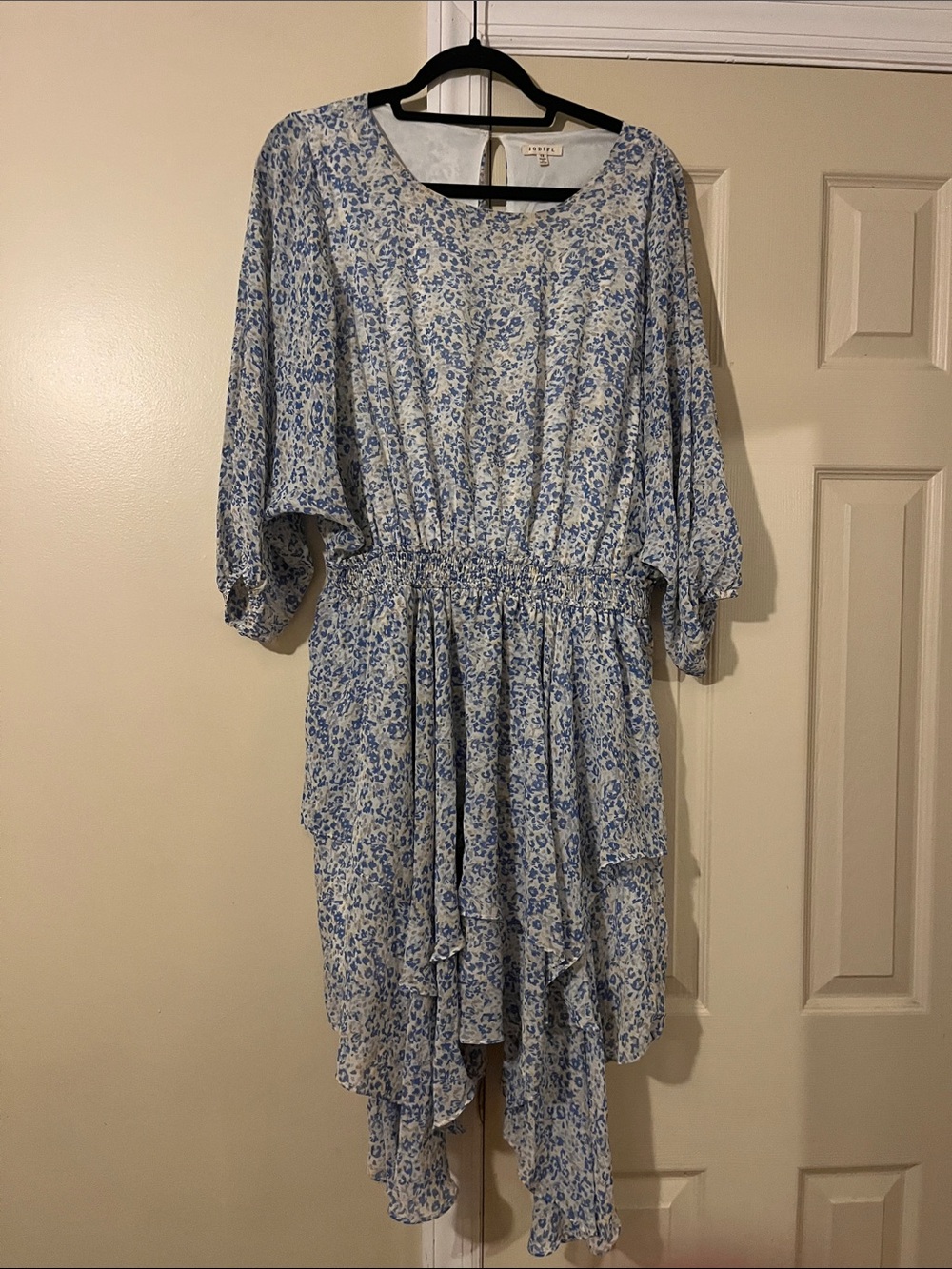 JODIFL Blue and White Floral High-Low Ruffle Dress
